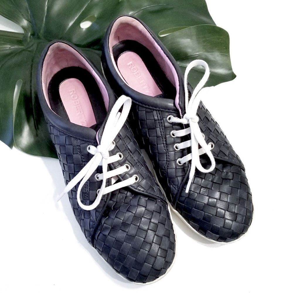 Robert Zur TERRI Black Woven Leather Lace Up Casual Sneaker Shoes